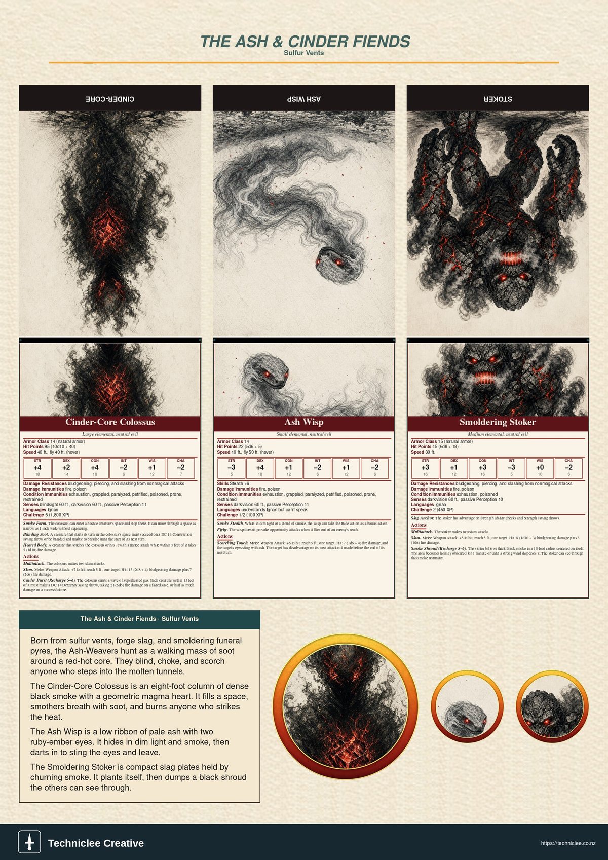 The Ash & Cinder Fiends print and play 5e monster pack. A4 printable with three fold-and-stand fiends, tokens, and lore strip.