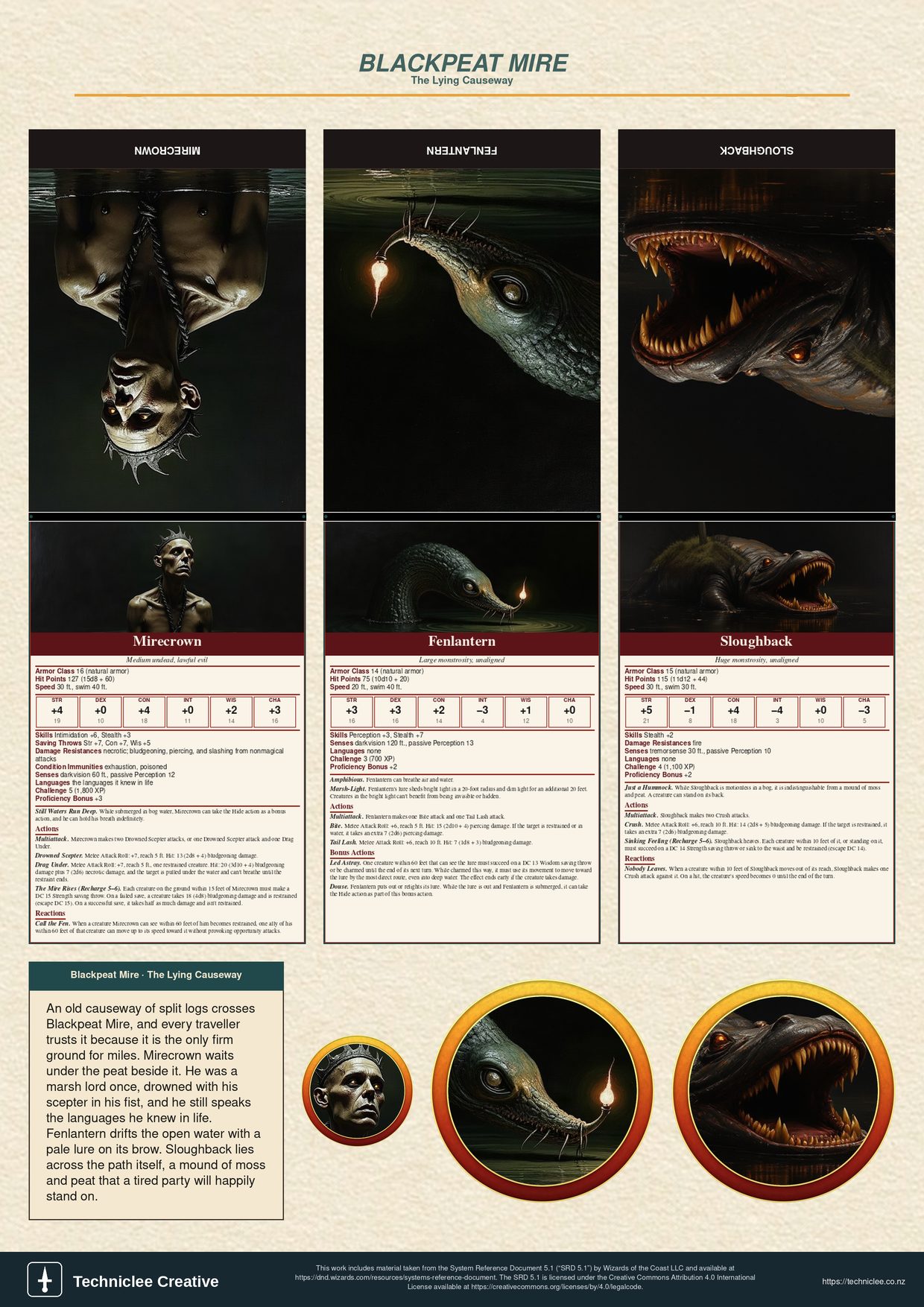 Blackpeat Mire print and play 5e monster pack. A4 printable with three fold-and-stand monster cards, tokens, and lore strip.