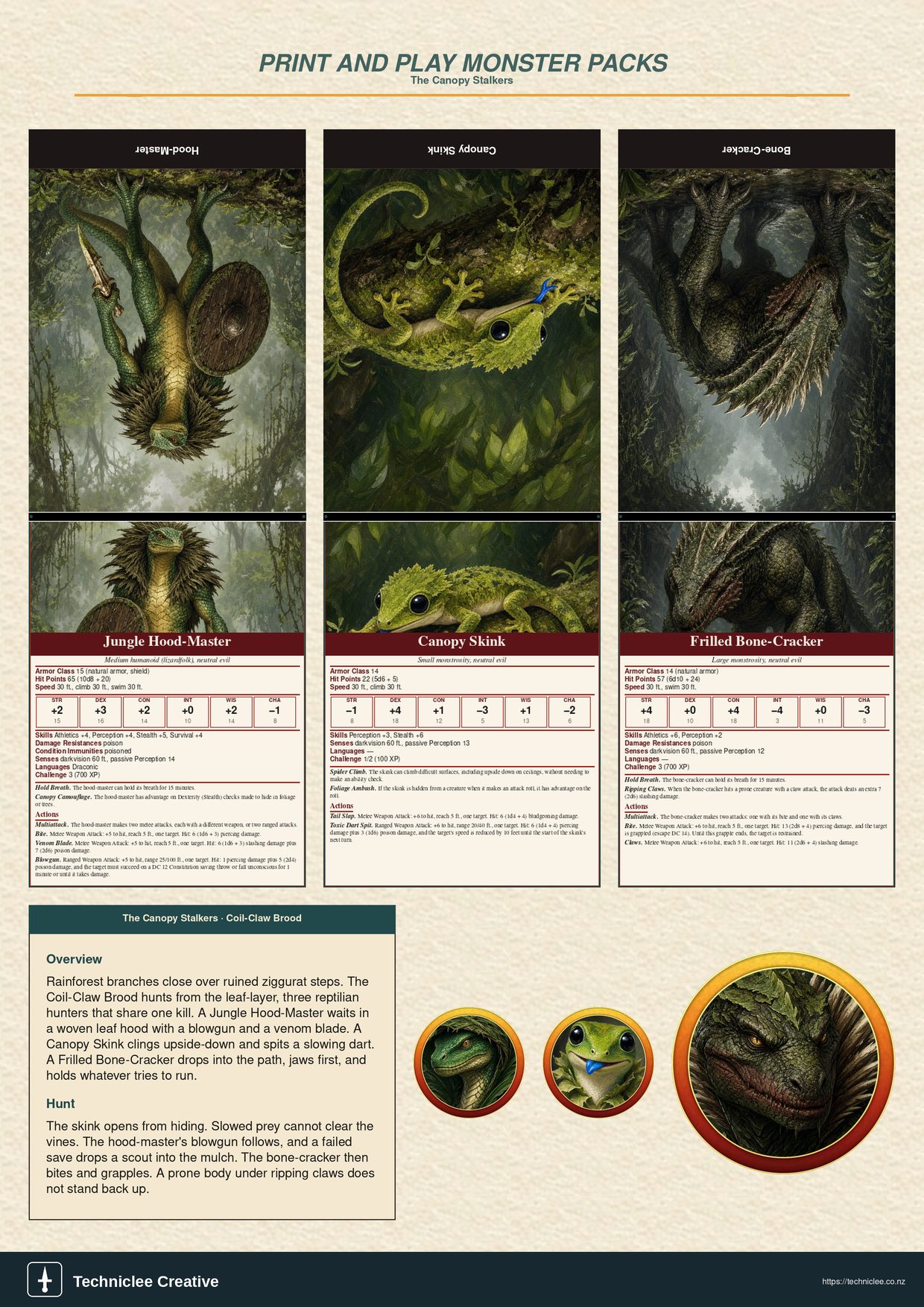 The Canopy Stalkers print and play 5e monster pack. A4 printable with three fold-and-stand canopy hunters, tokens, and lore strip.