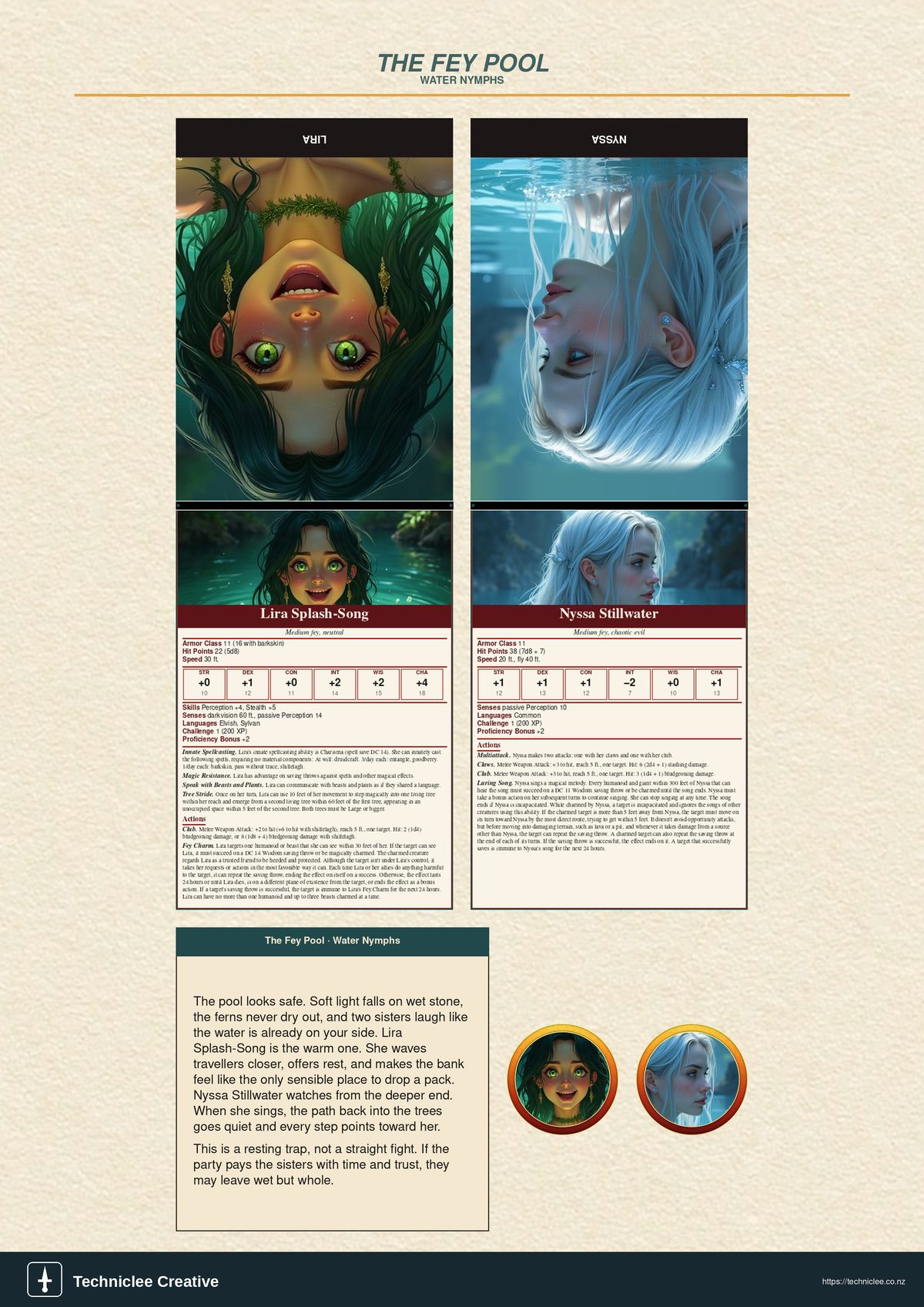 The Fey Pool, a two-creature 5e monster sheet: Lira Splash-Song and Nyssa Stillwater, water nymph sisters at a forest pool