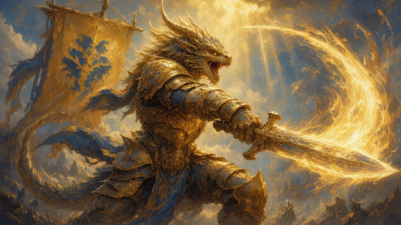 2024 5e PC portrait: male Dragonborn Paladin, gold scales, blue-and-gold armour, greatsword with a golden arc, gold banner