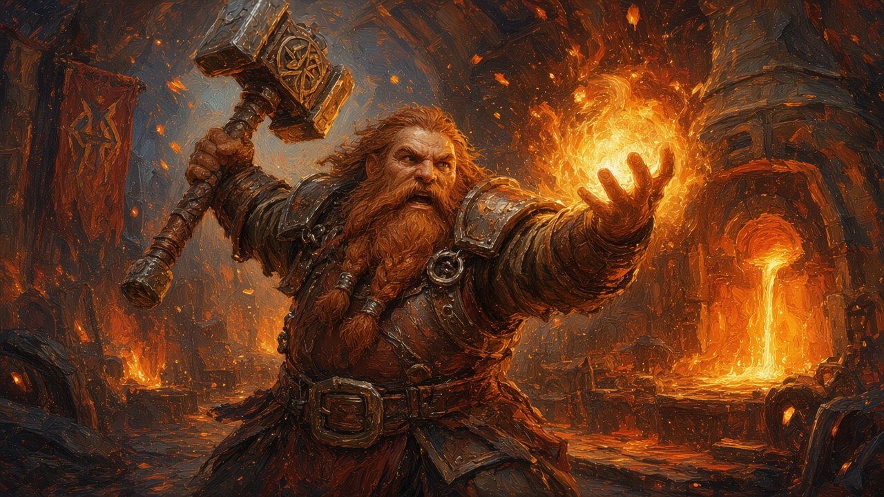 2024 5e PC portrait: male Dwarf Cleric, braided red-brown beard, raised warhammer, healing flame in hand, forge fire