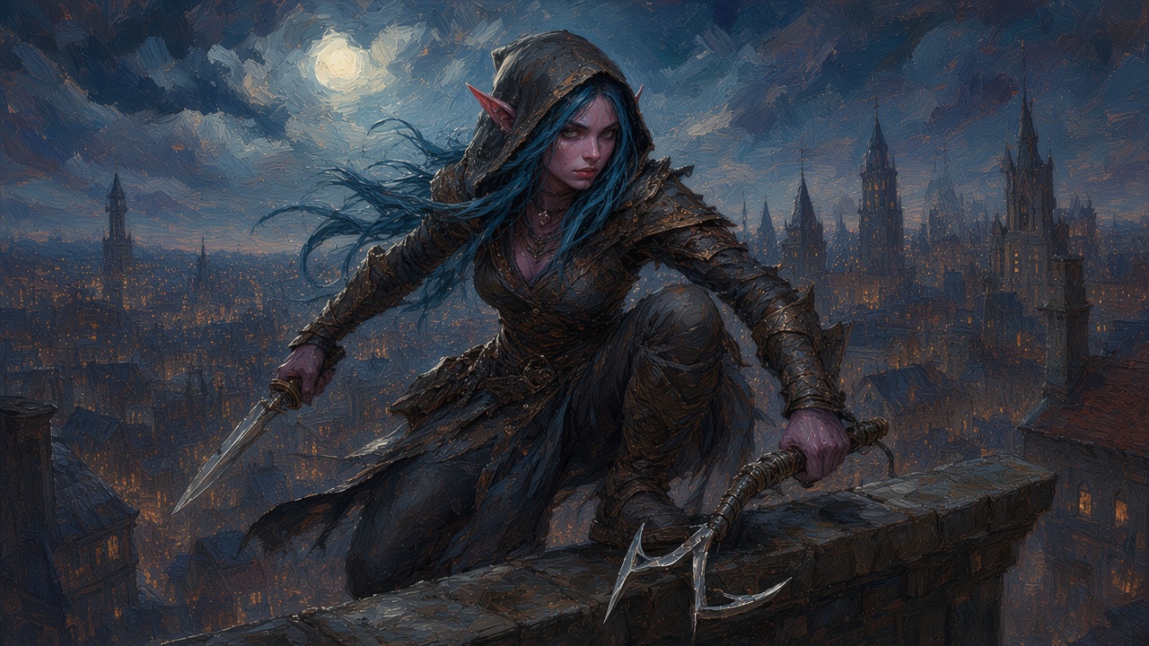 2024 5e PC portrait: male Elf Wizard, long white hair and beard, open glowing spellbook, crystal-topped staff, full moon