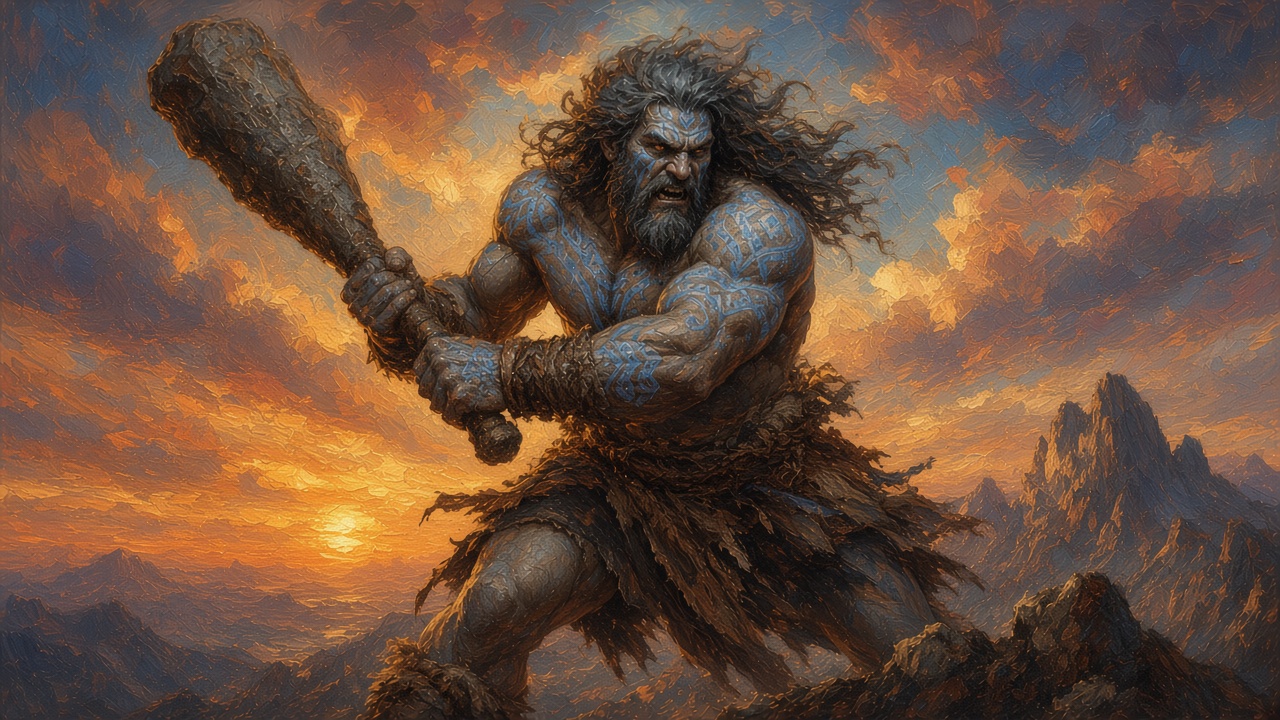 2024 5e PC portrait: male Goliath Barbarian, grey skin with blue markings, swinging a great club, mountains at sunset
