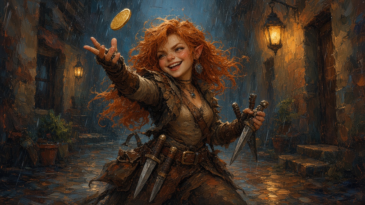2024 5e PC portrait: female Halfling Rogue, curly auburn hair, pointed ears, tossing a gold coin, daggers, rainy alley