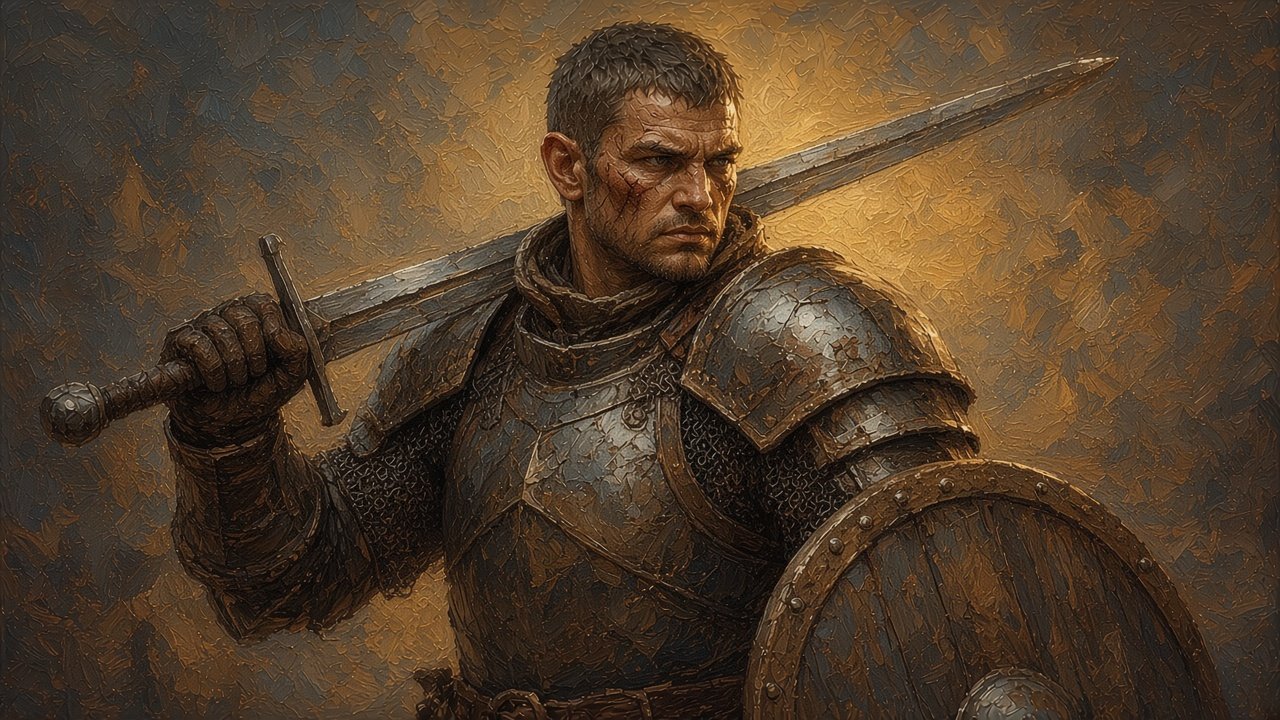 2024 5e PC portrait: male Human Fighter, cropped dark hair, scarred face, steel armour over mail, longsword on his shoulder, round wooden shield