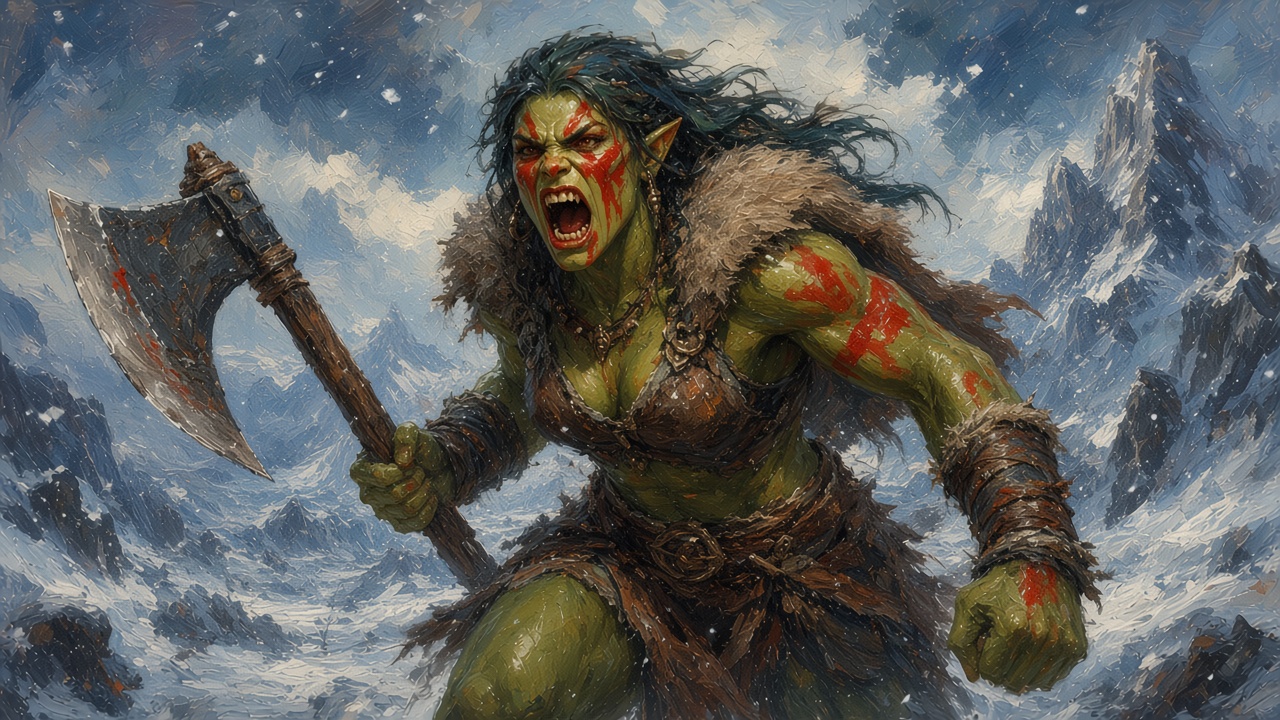 2024 5e PC portrait: female Orc Barbarian, green skin and red war paint, roaring with a greataxe, fur mantle, snowy mountains