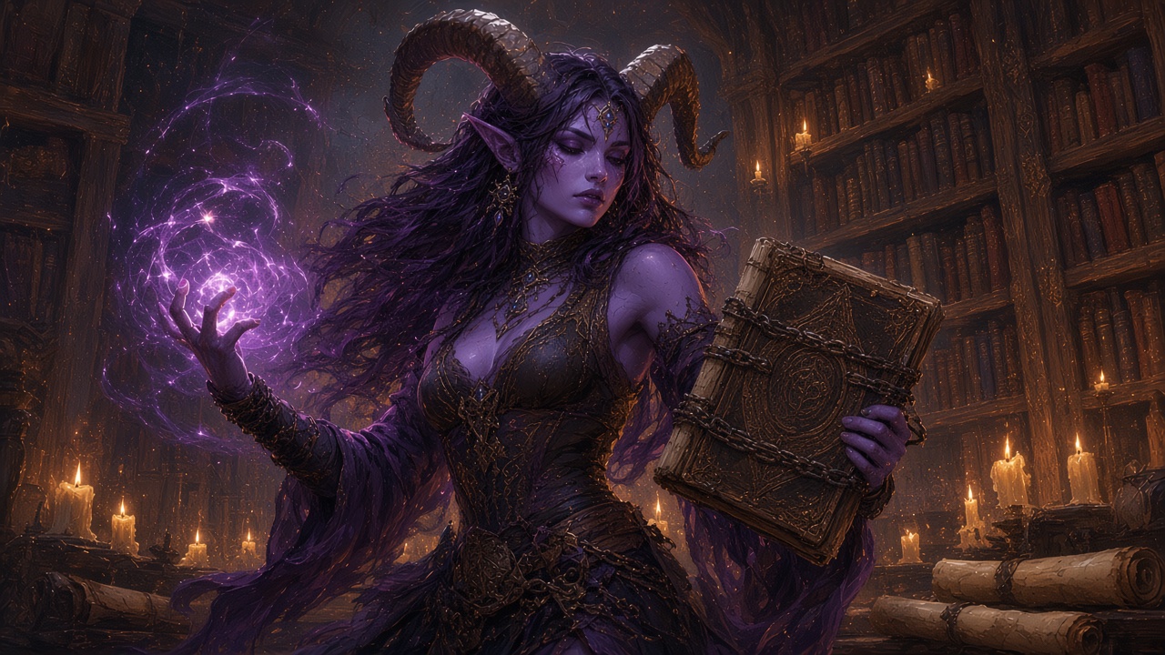 2024 5e PC portrait: female Tiefling Warlock, violet skin and ram horns, chained spellbook, violet spark in her palm